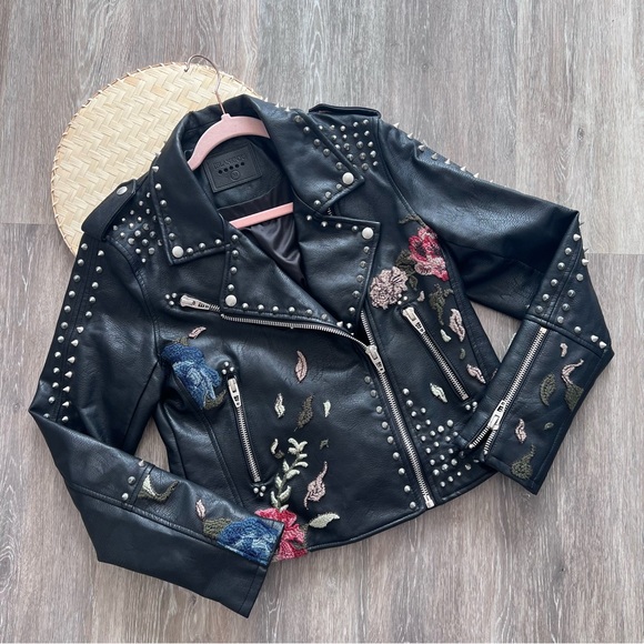 Embroidered Jacket Blue Faux Leather Biker Jacket Blank NYC